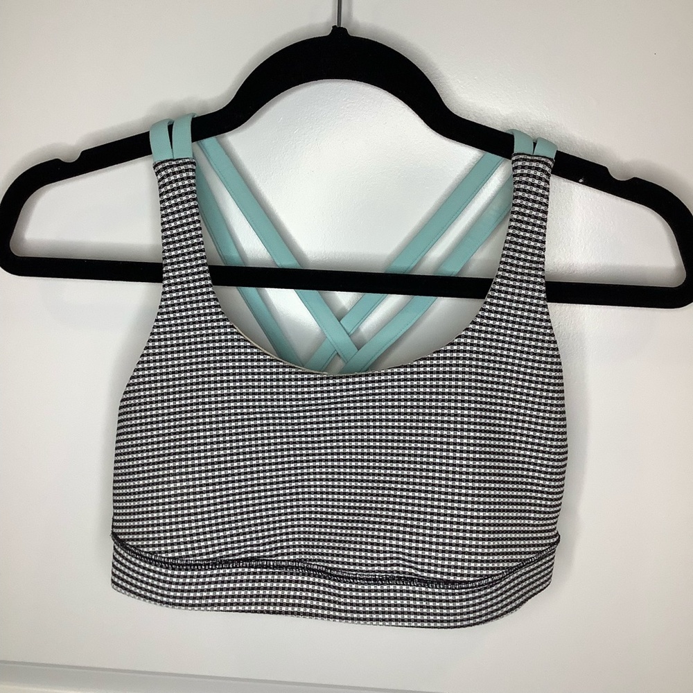 lululemon athletica, Energy Bra, Gingham Luon White Black / Tranquil Blue, 6